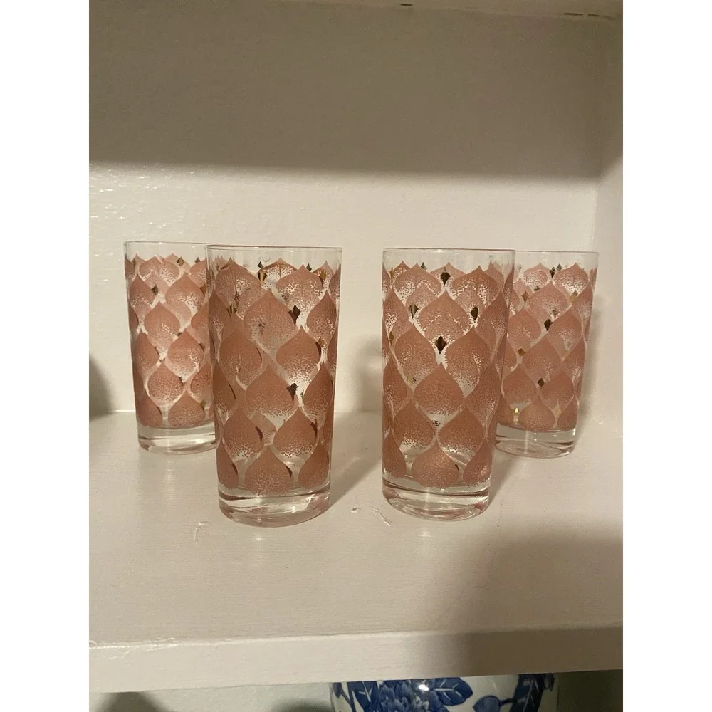 Vintage MCM Fred Press Glass Tumbler Set Of Four Pink And Gold High Ball Glasses